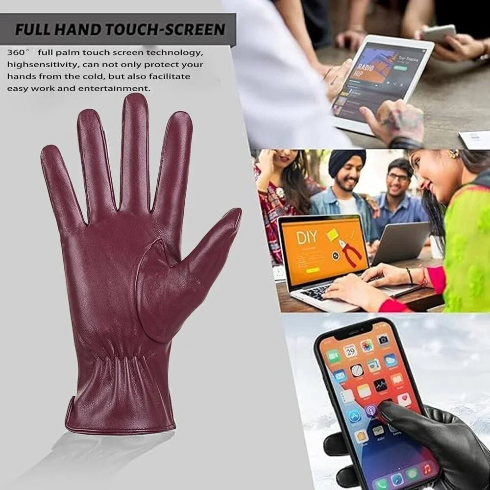 Women’s Leather Gloves Genuine SheepSkin Leather Cold Weather Cashmere Deep Red